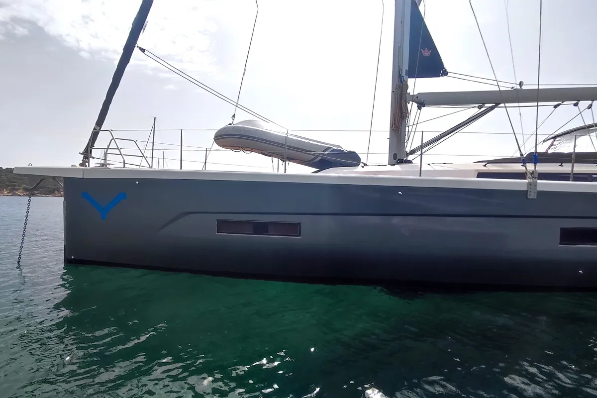 Exterior view of Edvige, a Dufour 530 sailboat at Olbia, Italy
