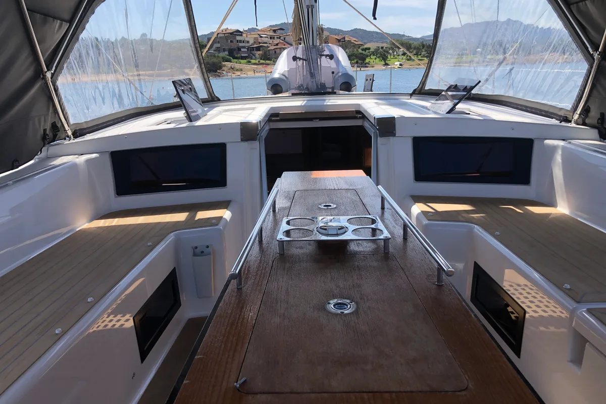 Deck of Edvige, a Dufour 530 sailboat at Olbia, Italy