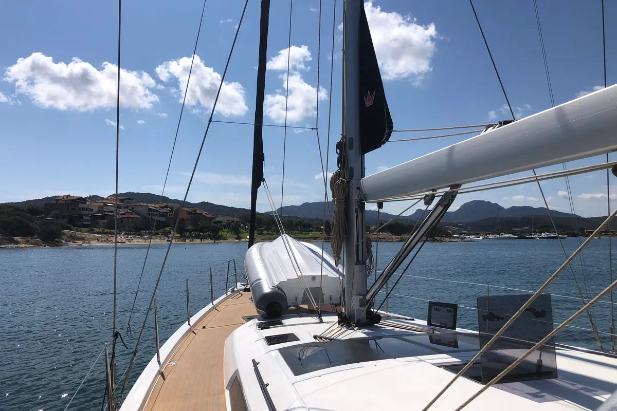Deck of Edvige, a Dufour 530 sailboat at Olbia, Italy