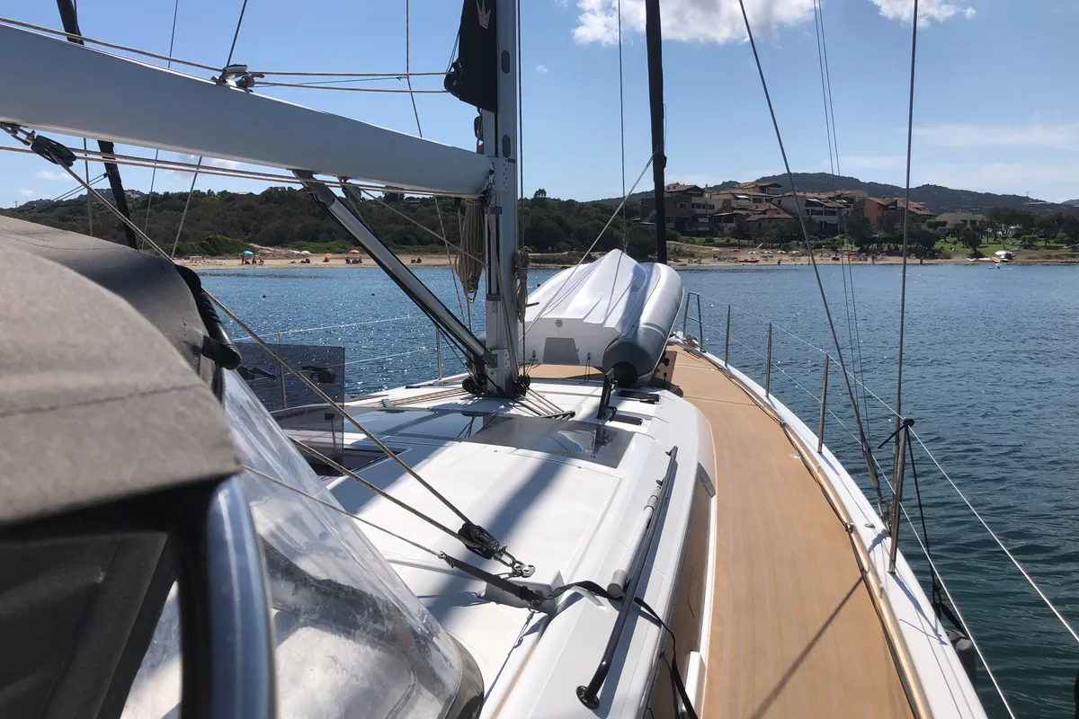 Deck of Edvige, a Dufour 530 sailboat at Olbia, Italy