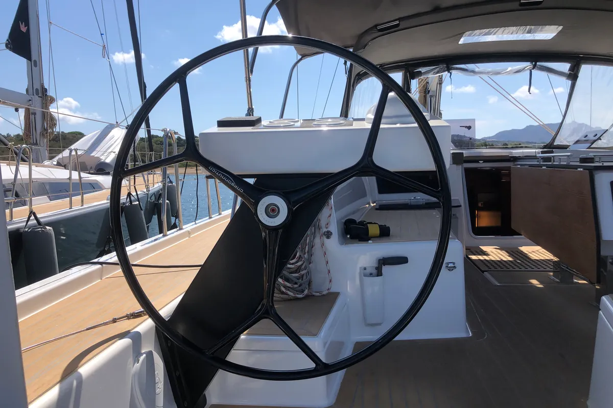 Cockpit of Edvige, a Dufour 530 sailboat at Olbia, Italy
