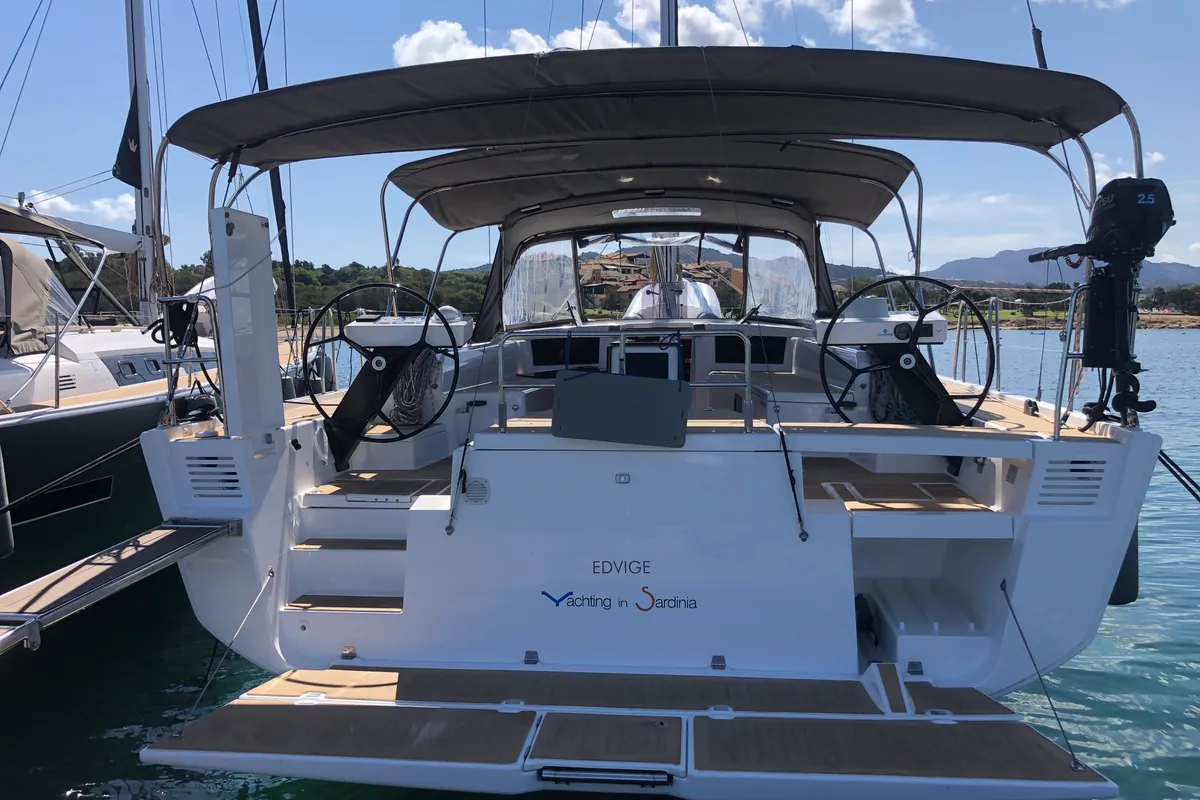 Cockpit of Edvige, a Dufour 530 sailboat at Olbia, Italy