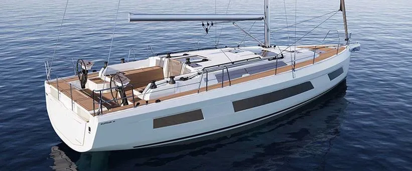 Exterior view of Faidra, a Dufour 44 sailboat at Lavreotiki, Greece