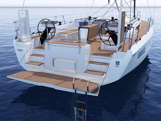 Exterior view of Faidra, a Dufour 44 sailboat at Lavreotiki, Greece