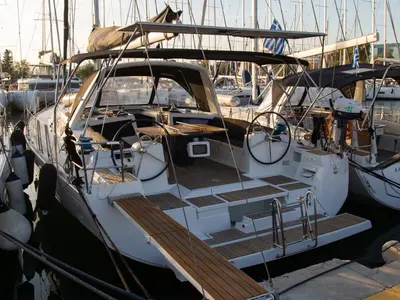 Deck of Aeolis, a Beneteau Oceanis 48 sailboat at Kavala, Greece