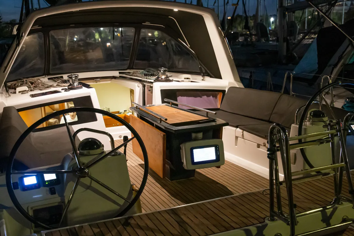 Cockpit of Aeolis, a Beneteau Oceanis 48 sailboat at Kavala, Greece
