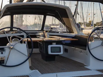 Cockpit of Aeolis, a Beneteau Oceanis 48 sailboat at Kavala, Greece