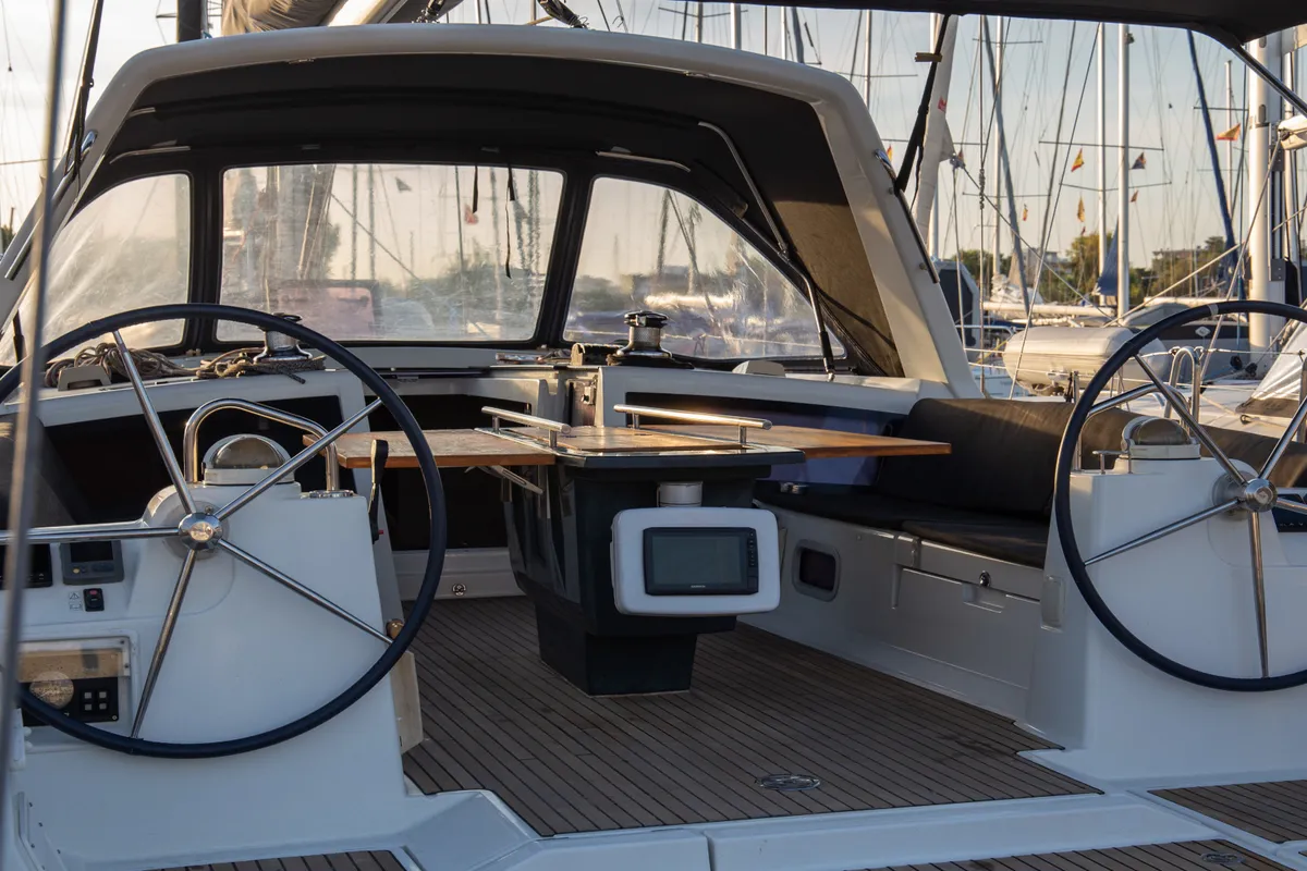 Cockpit of Aeolis, a Beneteau Oceanis 48 sailboat at Kavala, Greece