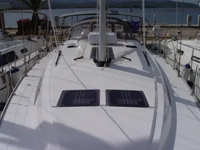 Deck of Danai, a Bavaria Cruiser 46 sailboat at Olbia, Italy