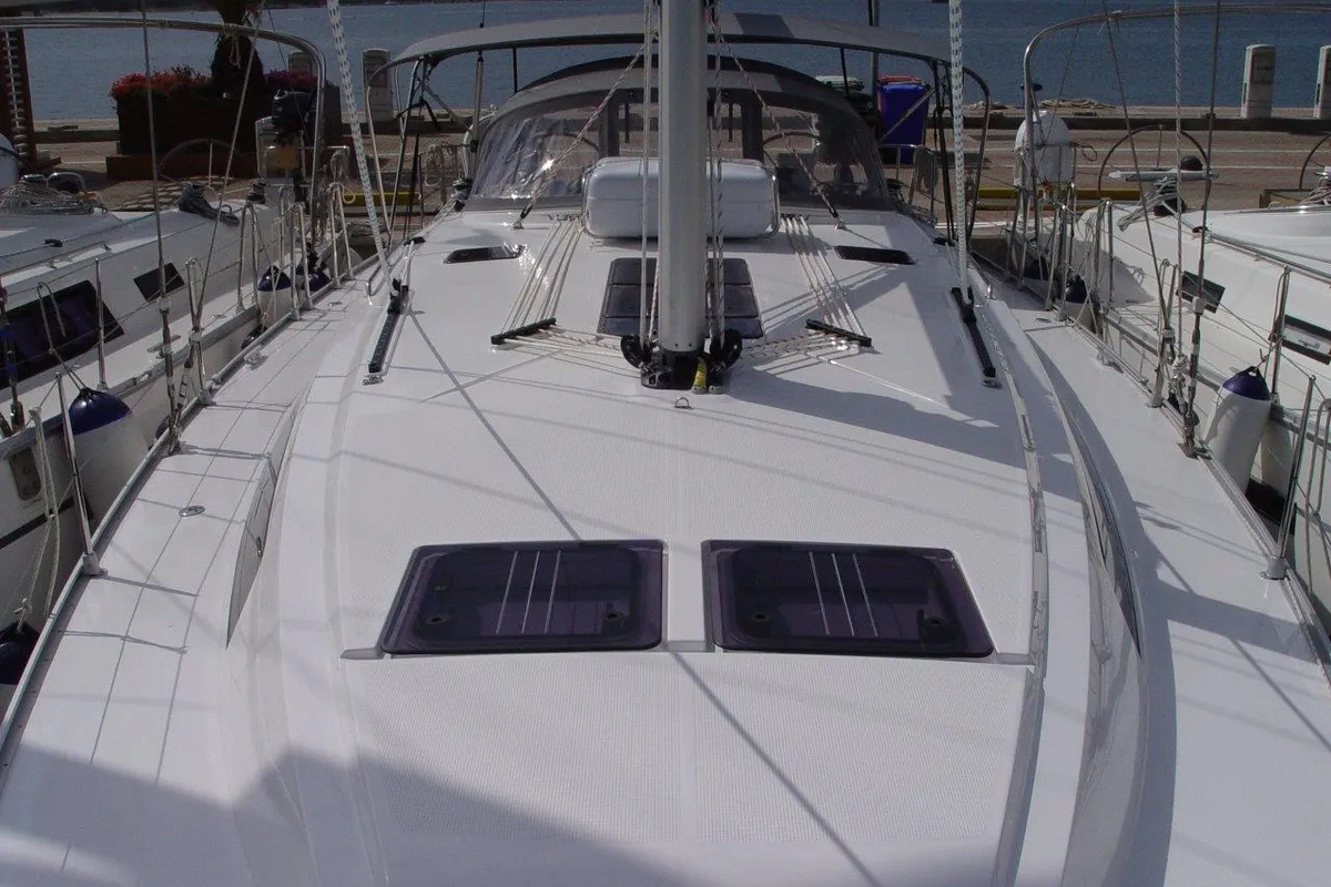 Deck of Danai, a Bavaria Cruiser 46 sailboat at Olbia, Italy