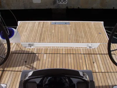 Cockpit of Danai, a Bavaria Cruiser 46 sailboat at Olbia, Italy