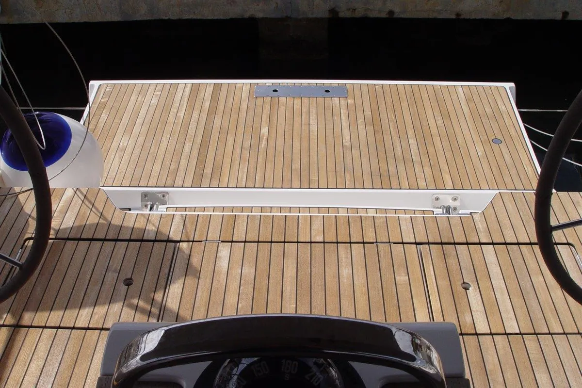 Cockpit of Danai, a Bavaria Cruiser 46 sailboat at Olbia, Italy