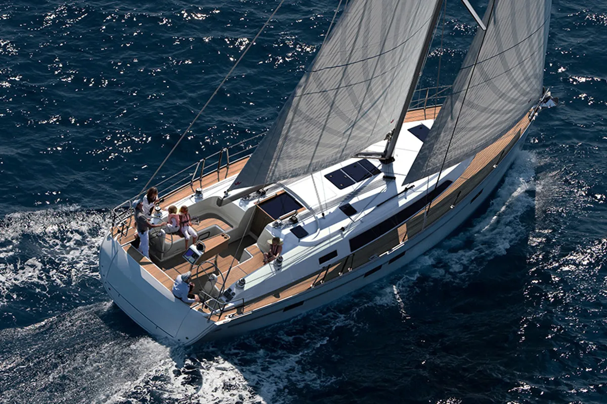 Exterior view of Danai, a Bavaria Cruiser 46 sailboat at Olbia, Italy