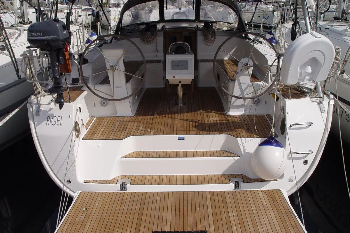 Cockpit of Danai, a Bavaria Cruiser 46 sailboat at Olbia, Italy