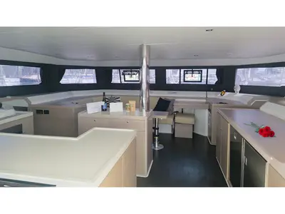 Salon of Duplo II, a Dufour Catamaran 48 catamaran at Agios Stefanos, Greece