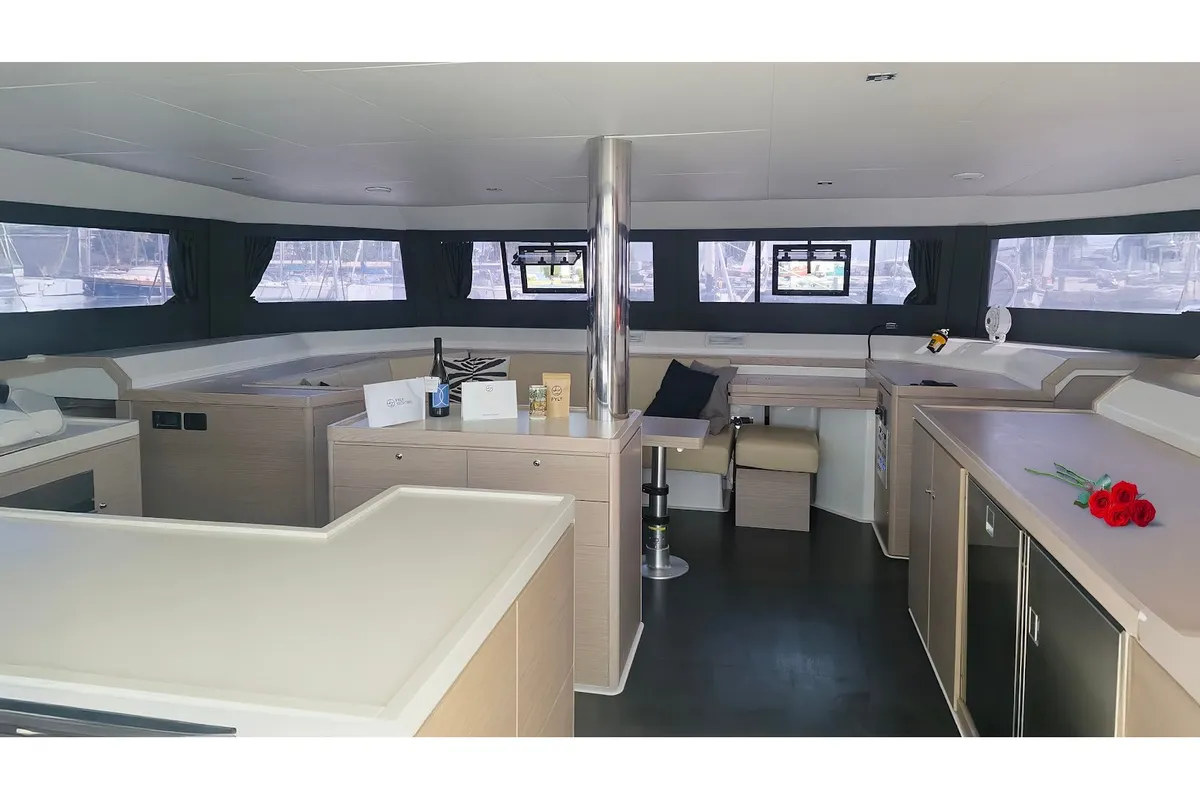 Salon of Duplo II, a Dufour Catamaran 48 catamaran at Agios Stefanos, Greece