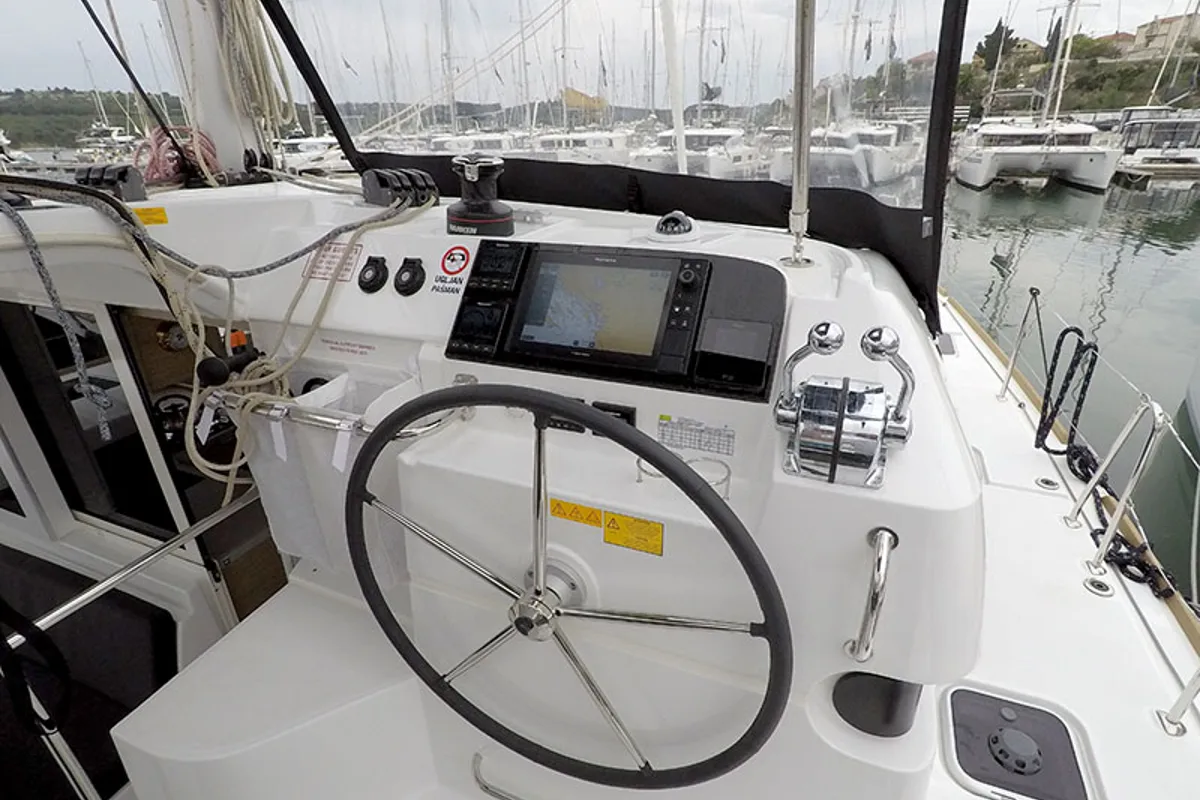 Cockpit of Duplo II, a Lagoon 40 catamaran at Grad Šibenik, Croatia