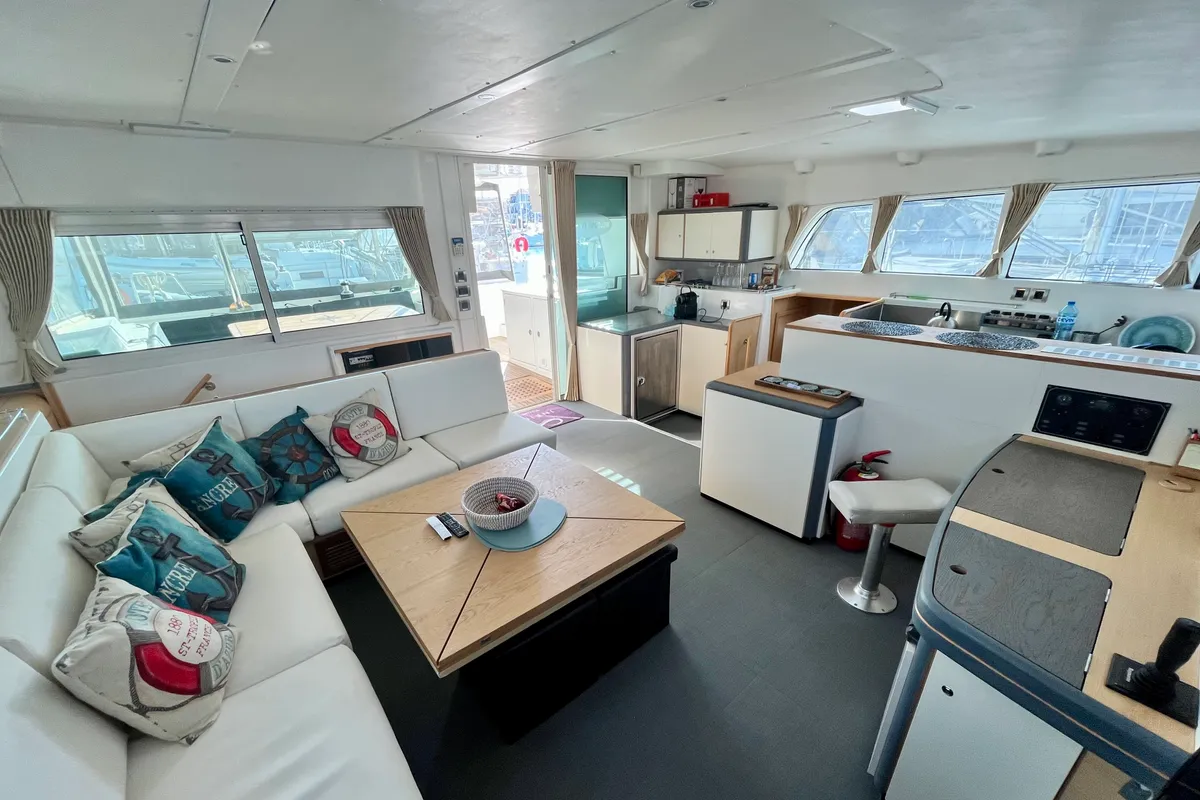 Salon of Infinity, a Lagoon 500 catamaran at Municipal Unit of Palairos, Greece