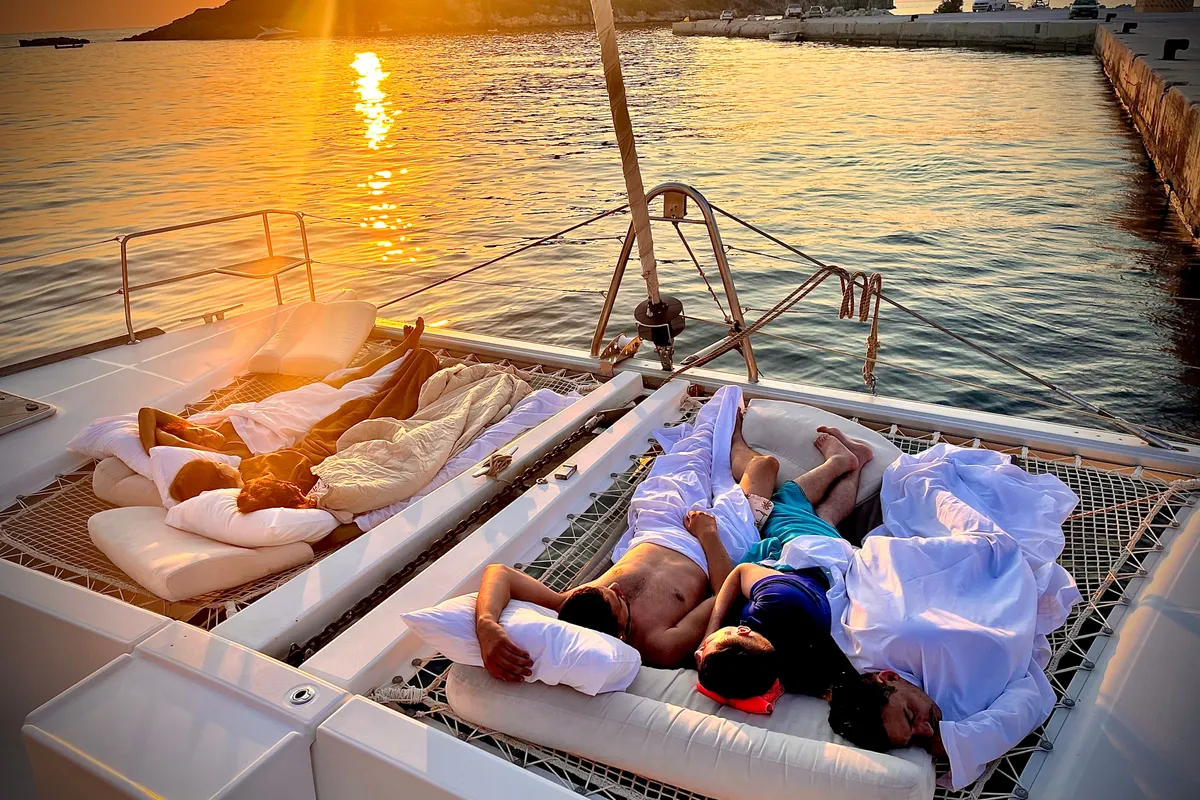 Deck of Infinity, a Lagoon 500 catamaran at Municipal Unit of Palairos, Greece