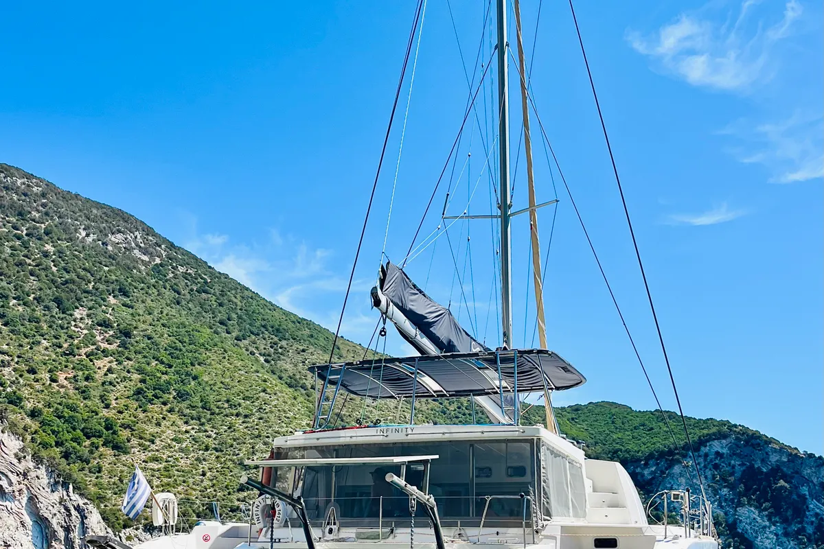 Exterior view of Infinity, a Lagoon 500 catamaran at Municipal Unit of Palairos, Greece