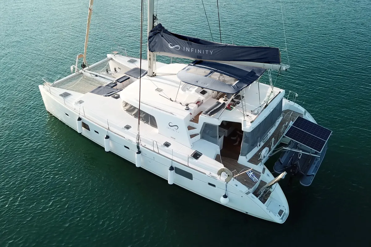 Exterior view of Infinity, a Lagoon 500 catamaran at Municipal Unit of Palairos, Greece