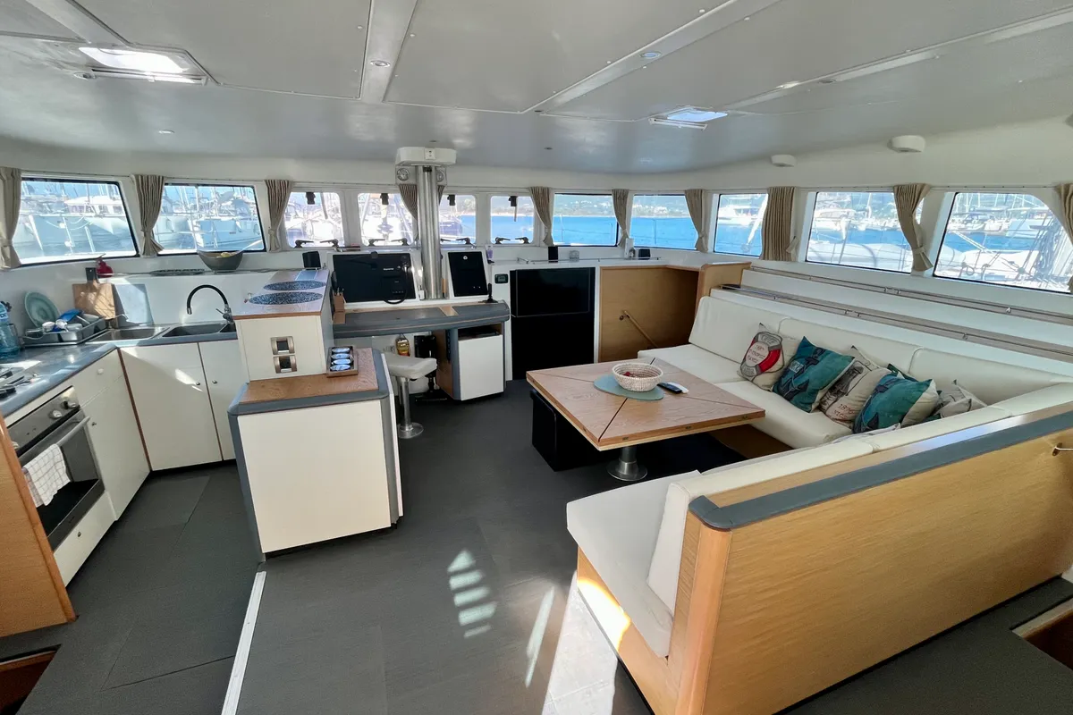 Salon of Infinity, a Lagoon 500 catamaran at Municipal Unit of Palairos, Greece