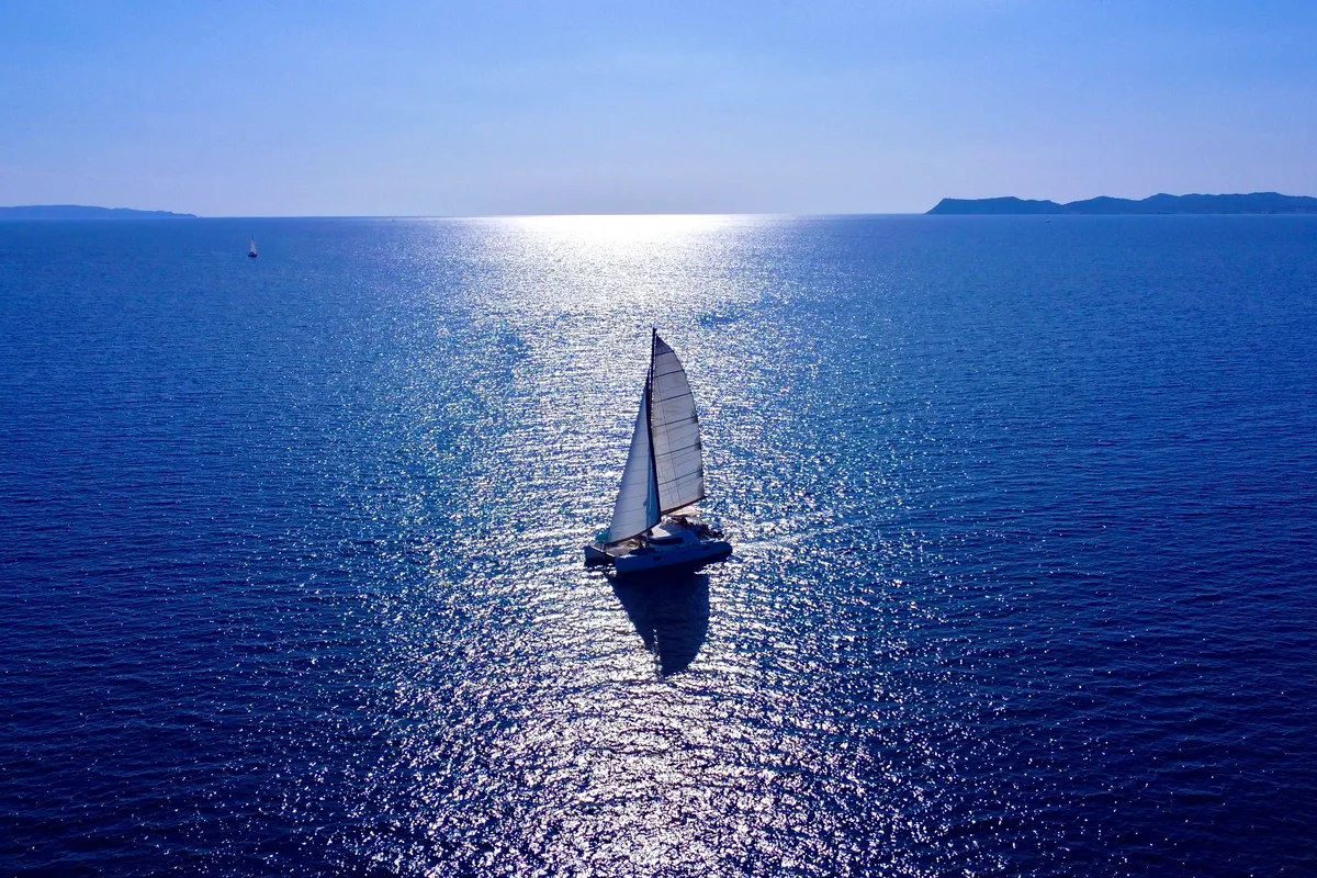 Exterior view of Infinity, a Lagoon 500 catamaran at Municipal Unit of Palairos, Greece