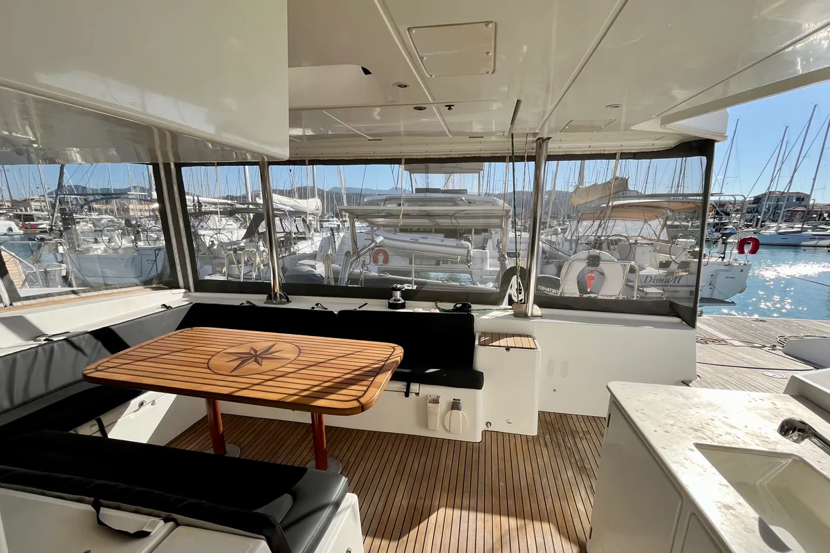 Deck of Infinity, a Lagoon 500 catamaran at Municipal Unit of Palairos, Greece