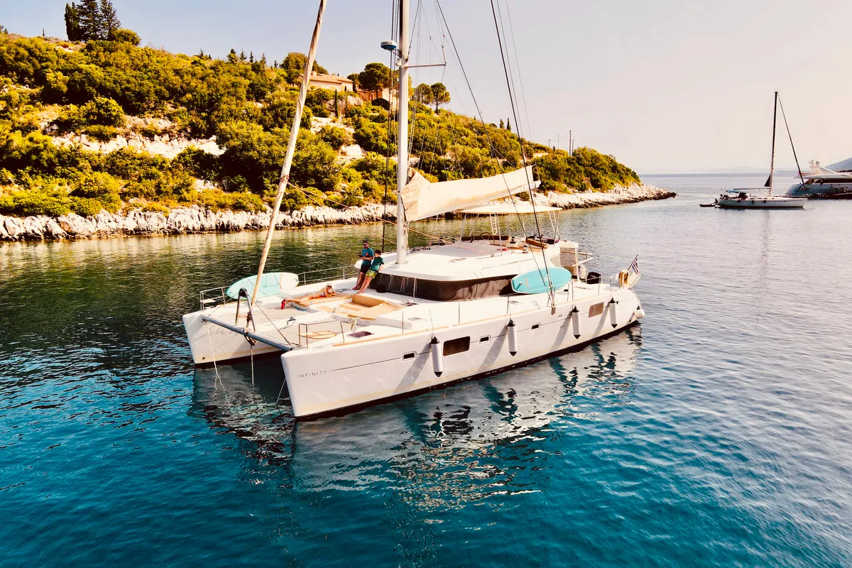 Exterior view of Infinity, a Lagoon 500 catamaran at Municipal Unit of Palairos, Greece