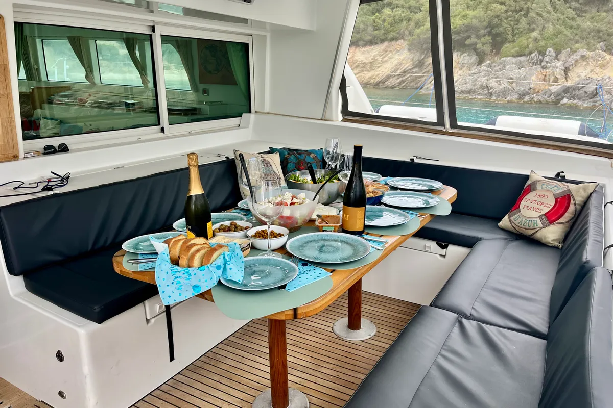 Salon of Infinity, a Lagoon 500 catamaran at Municipal Unit of Palairos, Greece