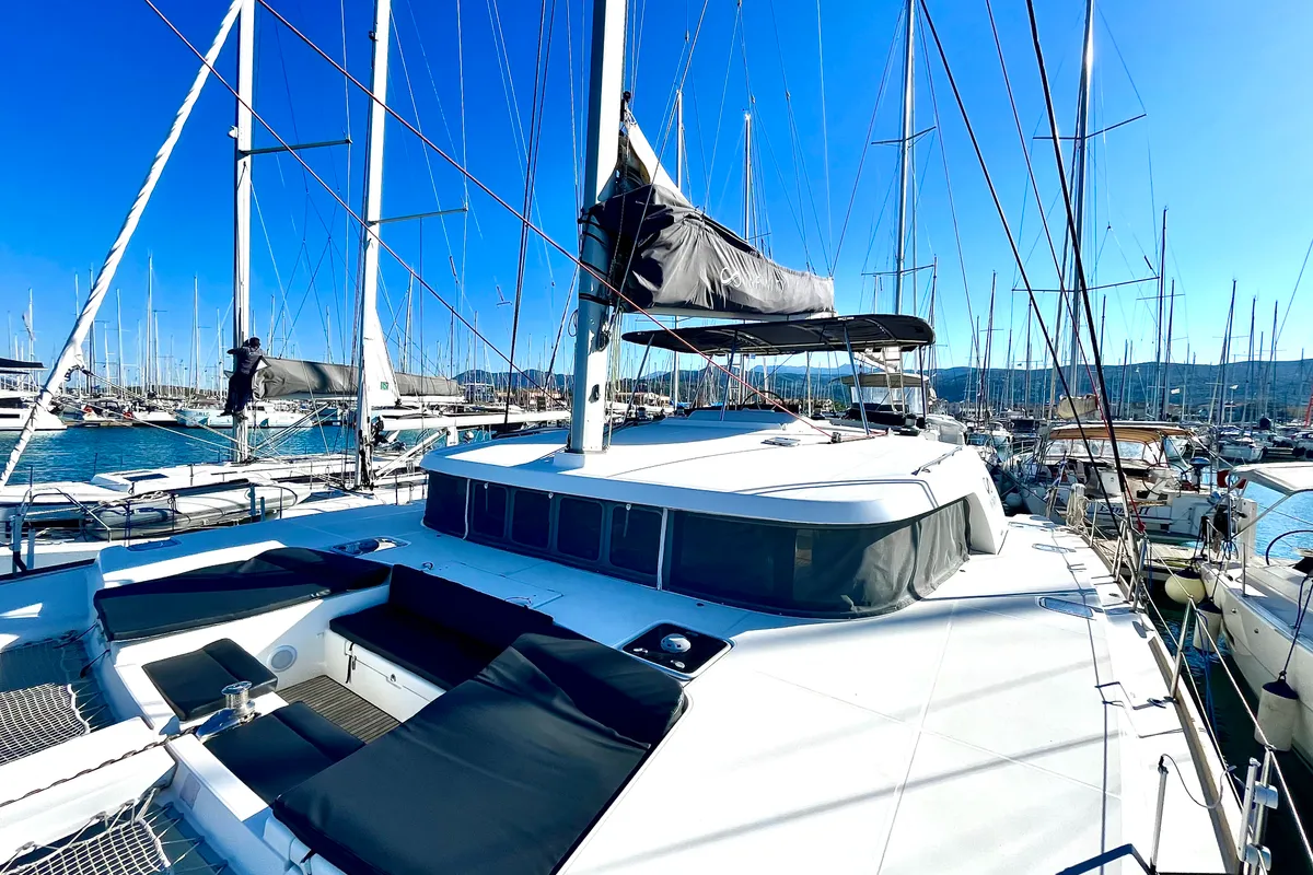 Deck of Infinity, a Lagoon 500 catamaran at Municipal Unit of Palairos, Greece
