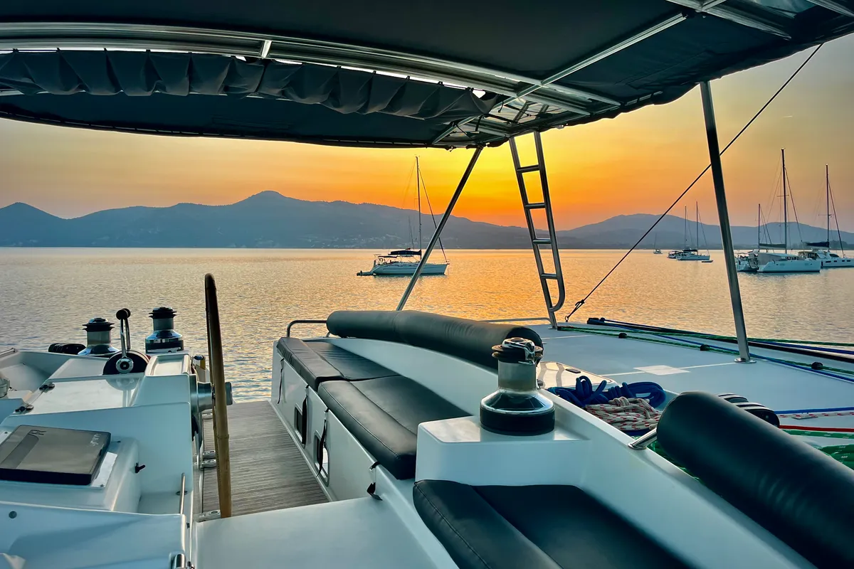 Deck of Infinity, a Lagoon 500 catamaran at Municipal Unit of Palairos, Greece