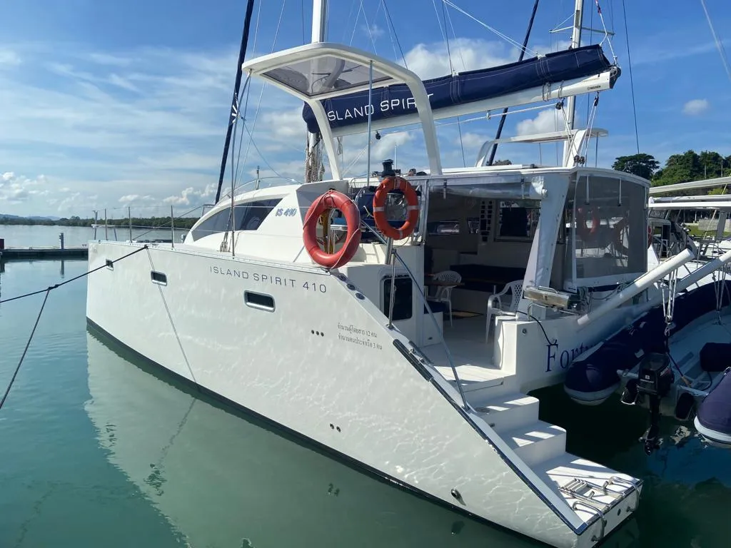Exterior view of Fortunate Sun, a Island Spirit 410 catamaran at Mai Khao, Thailand
