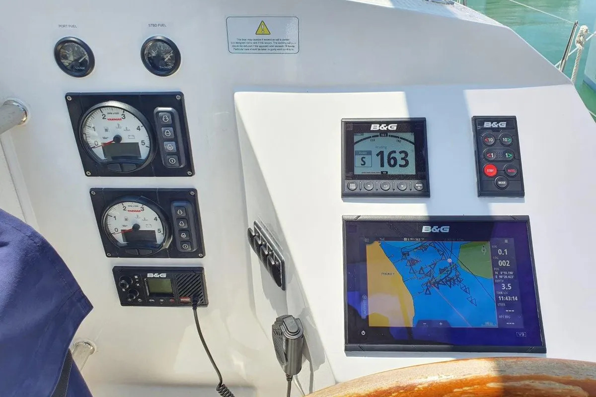 Cockpit of Fortunate Sun, a Island Spirit 410 catamaran at Mai Khao, Thailand