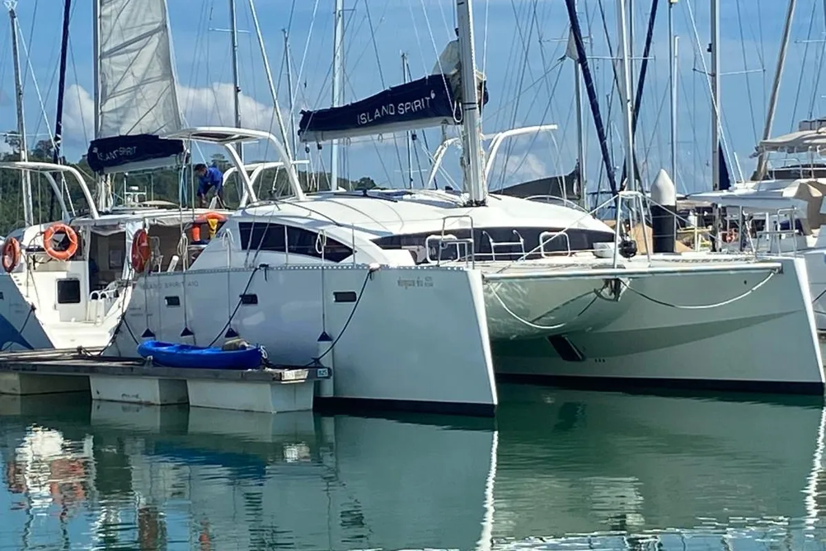 Exterior view of Fortunate Sun, a Island Spirit 410 catamaran at Mai Khao, Thailand