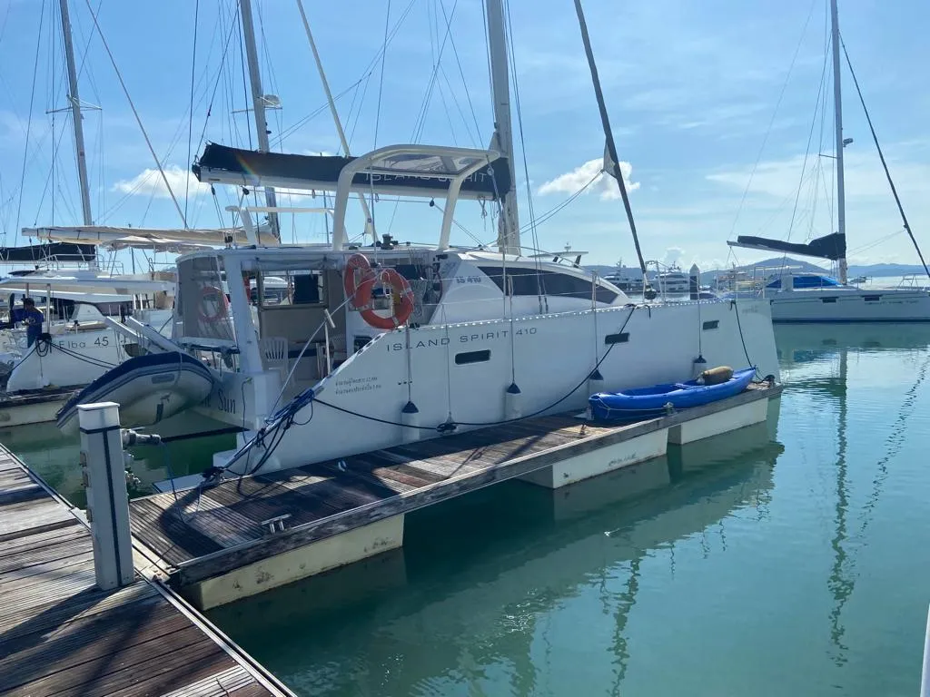 Exterior view of Fortunate Sun, a Island Spirit 410 catamaran at Mai Khao, Thailand