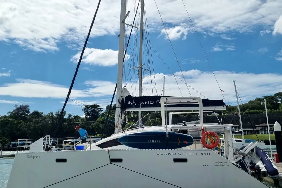 Exterior view of Fortunate Sun, a Island Spirit 410 catamaran at Mai Khao, Thailand