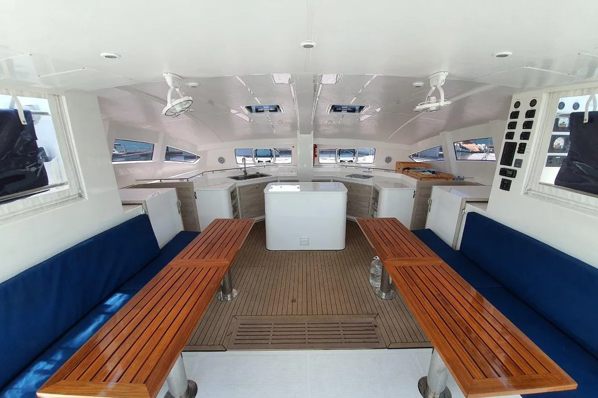 Salon of Fortunate Sun, a Island Spirit 410 catamaran at Mai Khao, Thailand