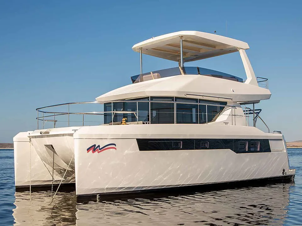 Exterior view of Moorings 403 PC Exclusive, a Leopard 40 PC catamaran at Piraeus, Greece
