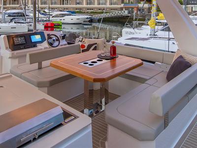 Cockpit of Moorings 403 PC Exclusive, a Leopard 40 PC catamaran at Piraeus, Greece