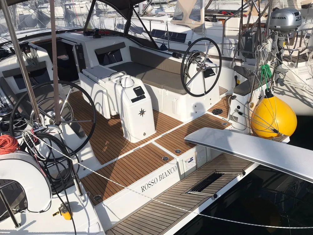 Cockpit of Rosso Bianco, a Jeanneau Sun Odyssey 410 sailboat at Grad Pula, Croatia