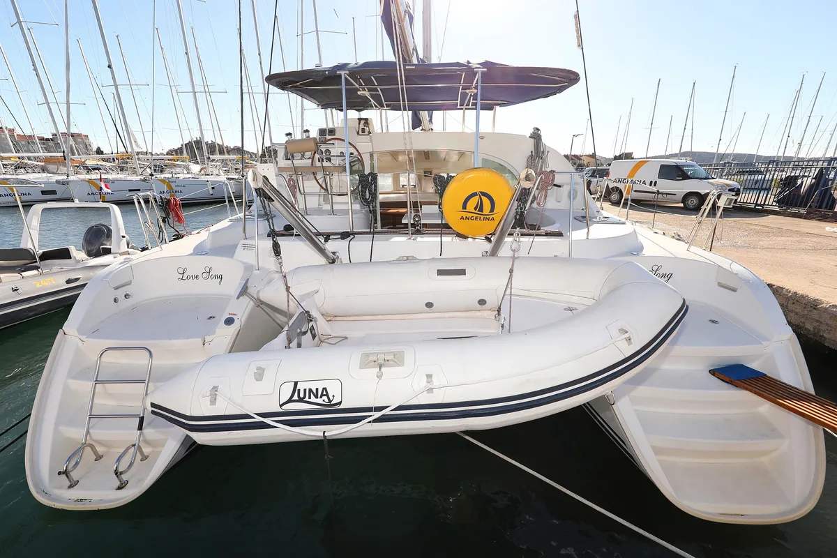 Exterior view of Love Song, a Lagoon 380 S2 catamaran at Grad Biograd na Moru, Croatia