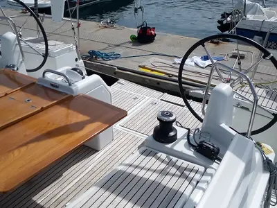 Cockpit of Tavascan, a Jeanneau Sun Odyssey 440 sailboat at Palamós, Spain