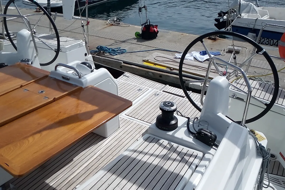 Cockpit of Tavascan, a Jeanneau Sun Odyssey 440 sailboat at Palamós, Spain