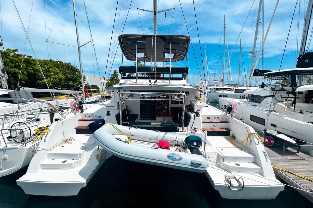 Exterior view of Cadenza, a Nautitech 46 Fly catamaran at Road Town, British Virgin Islands