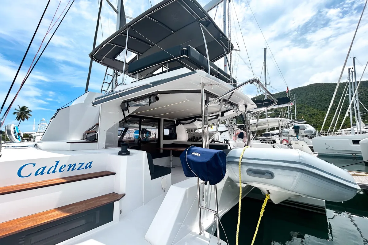 Deck of Cadenza, a Nautitech 46 Fly catamaran at Road Town, British Virgin Islands