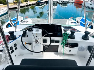 Cockpit of Cadenza, a Nautitech 46 Fly catamaran at Road Town, British Virgin Islands
