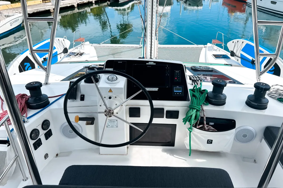 Cockpit of Cadenza, a Nautitech 46 Fly catamaran at Road Town, British Virgin Islands