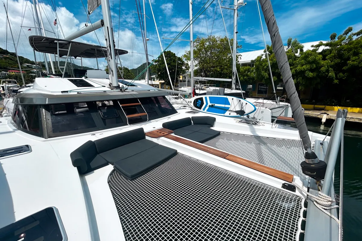 Deck of Cadenza, a Nautitech 46 Fly catamaran at Road Town, British Virgin Islands