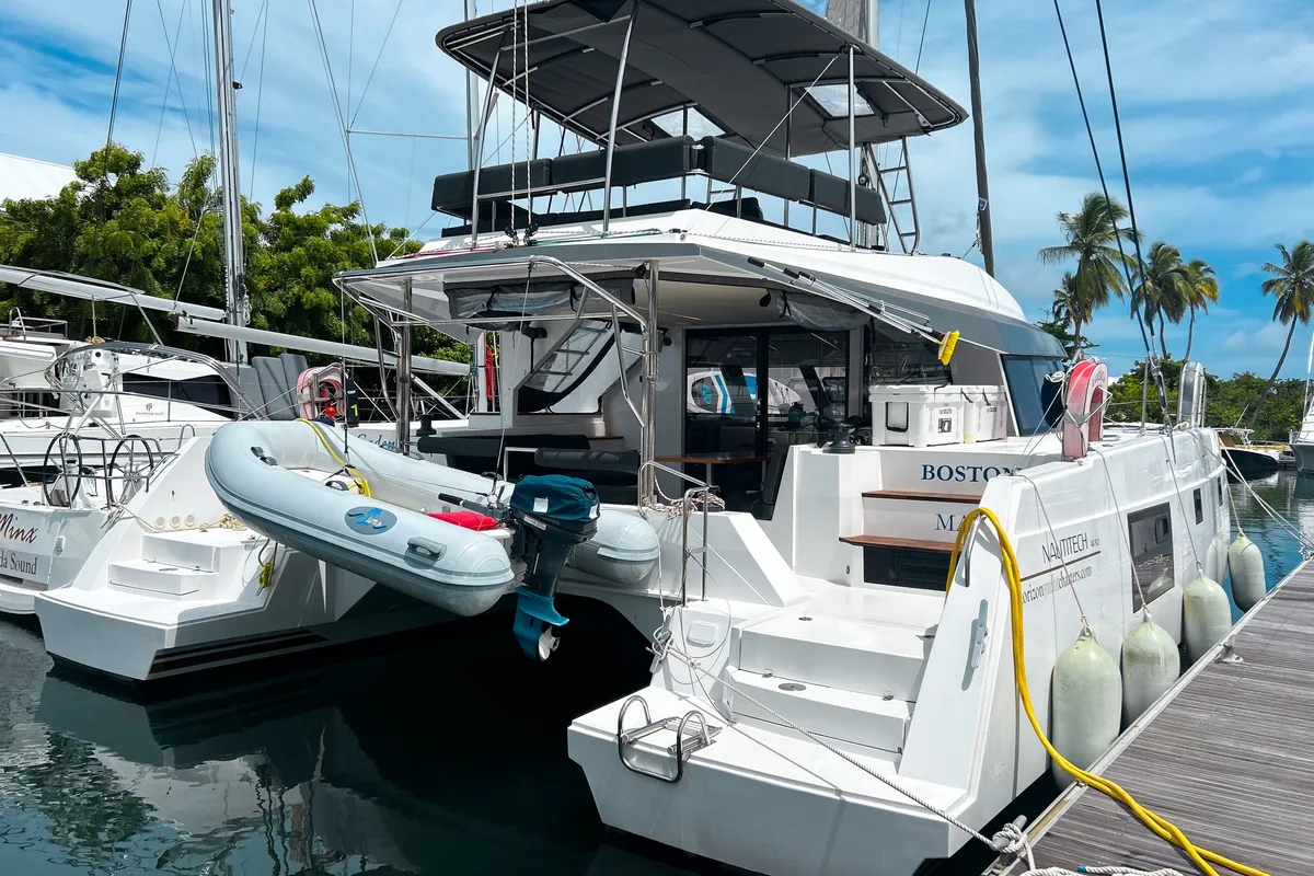 Exterior view of Cadenza, a Nautitech 46 Fly catamaran at Road Town, British Virgin Islands